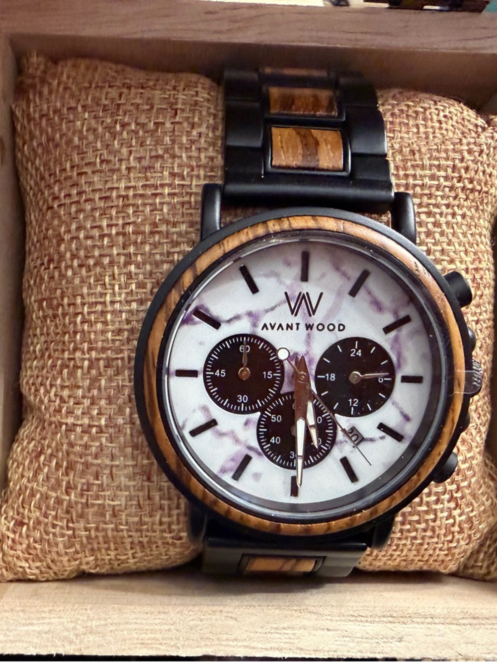 Men's Black and Brown Wood Accent Chronograph Watch